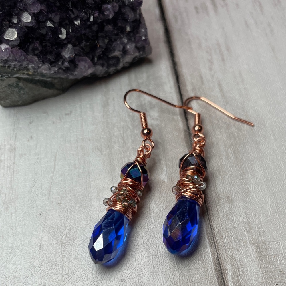 Blue Austrian Crystal Hammered Copper Chaos Wrapped Earrings Artisan Designed - Picture 15 of 17
